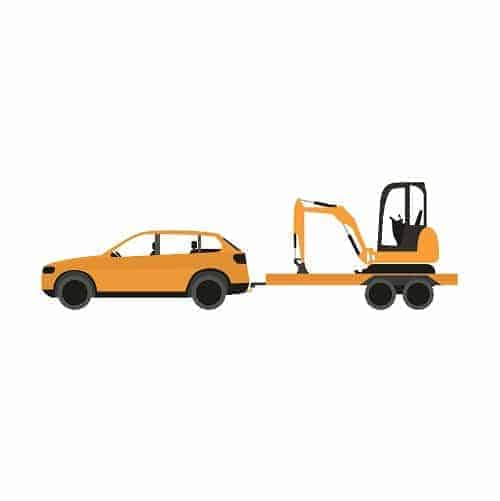 Illustration of mini excavator on trailer, towed by car