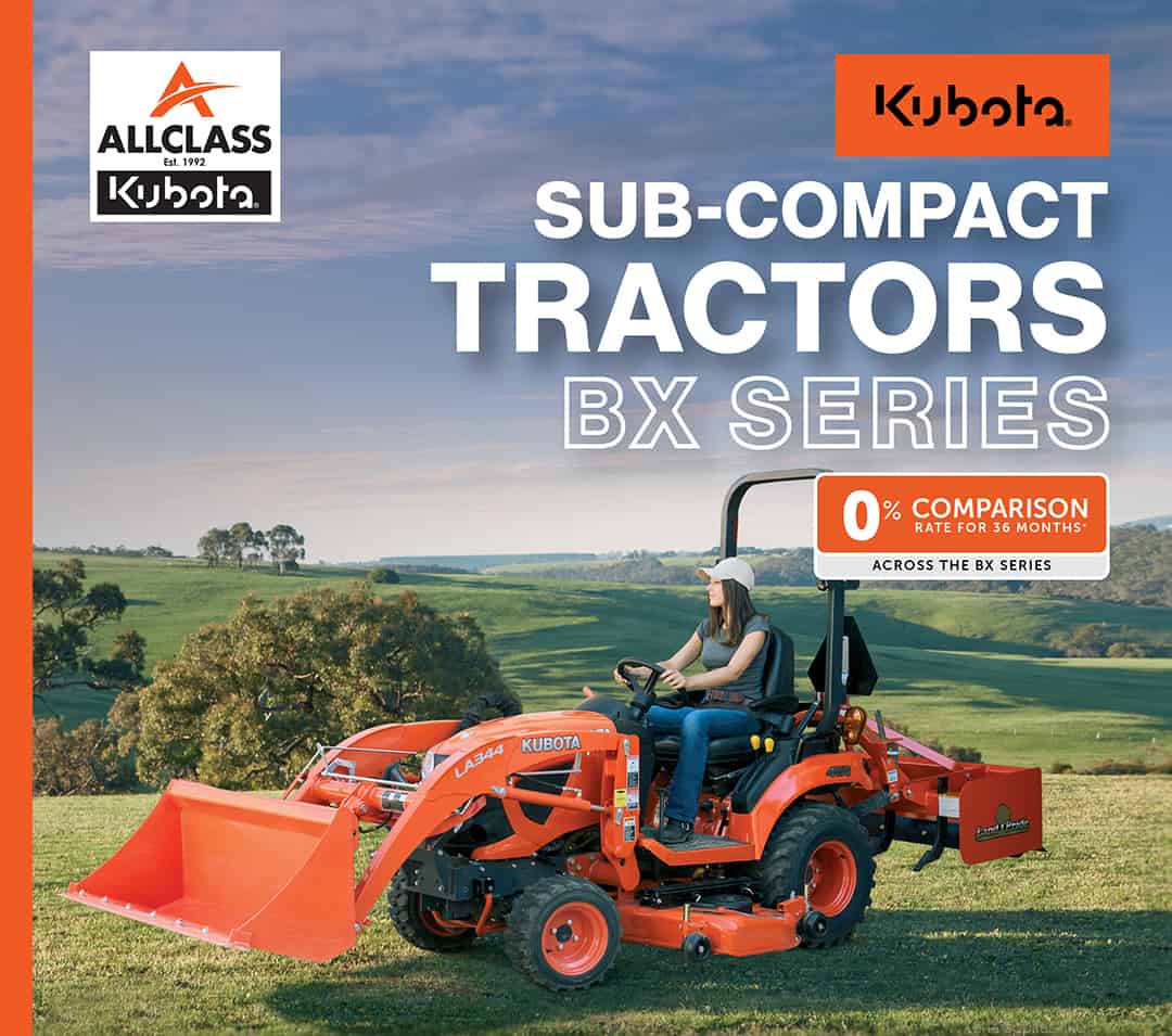 Advertisement image of women driving BX series tractor with sub-compact tractors BX series written in white