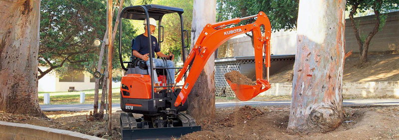 A man operating a small orange Kubota excavator in a park.