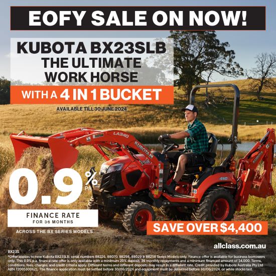 Man Operating Kubota BX23SLB with price displayed, available in Queensland