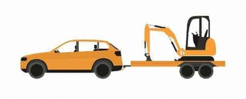 Illustration of mini excavator on trailer, towed by car